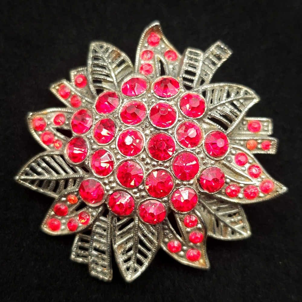 Deep Red Rhinestone Floral Brooch Cast Metal Gothic Statement Vintage Pin